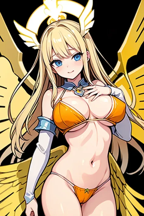 ((Best Quality)), ((Masterpiece)), (detailed), perfect faces, blonde hair, blue eyes, large breast, sexy, orange bra, orange lingerie, orange underwear, cum in pussy, breast milk, angel wings