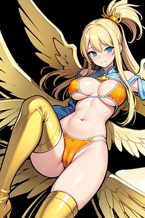 ((Best Quality)), ((Masterpiece)), (detailed), perfect faces, blonde hair, blue eyes, large breast, sexy, orange bra, orange lingerie, orange underwear, cum in pussy, breast milk, angel wings