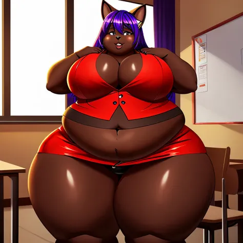 1girl, solo, Anthro, furry, cat girl, purple hair, ((dark skin)), ((dark skinned female)), ((red business suit)), cat ears, ussbbw, insanely inflated hips, insanely inflated belly, ussbbw weight gain, obese, insanely inflated thighs, fat rolls, fat arms, f...