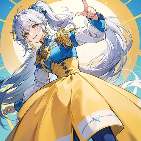 A girl with white hair and a ponytail wearing a yellow and blue pants dress,Invincible smile,Confident,Eyes are yellow,Shining yellow eyes,blue lines on yellow dress,battle garments,a cool,Blue belt,sleeves are blue