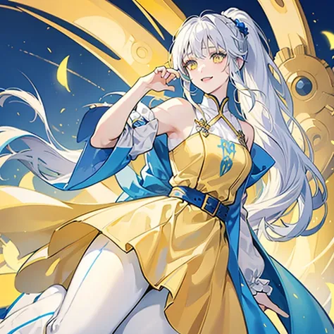 A girl with white hair and a ponytail wearing a yellow and blue pants dress,Invincible smile,Confident,Eyes are yellow,Shining yellow eyes,blue lines on yellow dress,battle garments,a cool,Blue belt,sleeves are blue