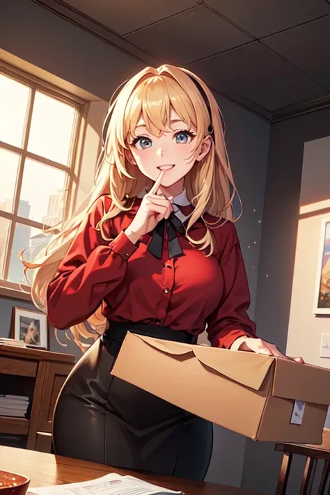 a office lady, Raise Christmas Gift, (big present box), cute, happiness, Excitement, table, intricate, (best quality, masterpiece, Representative work, official art, Professional, unity 8k wallpaper:1.3)