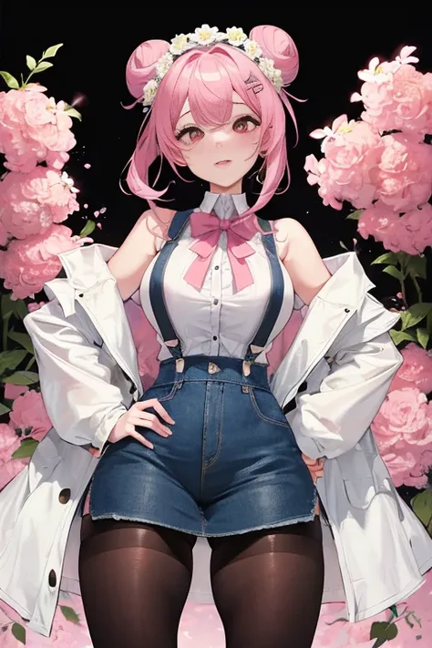 tmasterpiece、Need、1 female student、White cloth bun bun bun、Shoulder leakage、The chest is large、chubbiness、ssmile、Black suspender tights、lace leggings、pale pink lip、posing at school，legs are open， 独奏,Denim dress looking at the viewer,  (Thigh thick:1.0),Yaz...