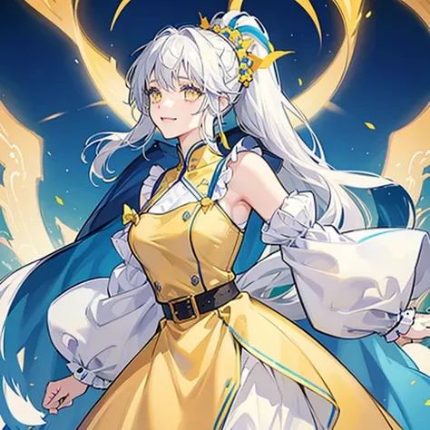 A girl with white hair and a ponytail wearing a yellow and blue pants dress,Bangs are divided into centers,Invincible smile,Confident,Eyes are yellow,Shining yellow eyes,blue lines on yellow dress,battle garments,a cool,Blue belt,sleeves are blue