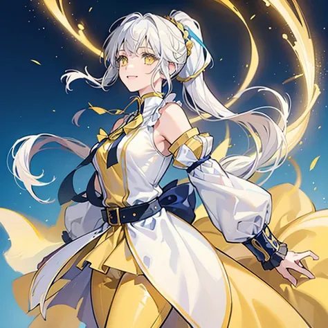 A girl with white hair and bangs and a center parted ponytail wearing a yellow and blue pants dress,No bangs,Invincible smile,Confident,Eyes are yellow,Shining yellow eyes,blue lines on yellow dress,battle garments,a cool,Blue belt,sleeves are blue