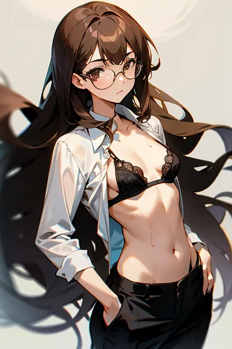 1girl, long hair, brown hair, flat chest, white shirt, black pants, suit pants, glasses, anime, wet top, black bra, lace bra