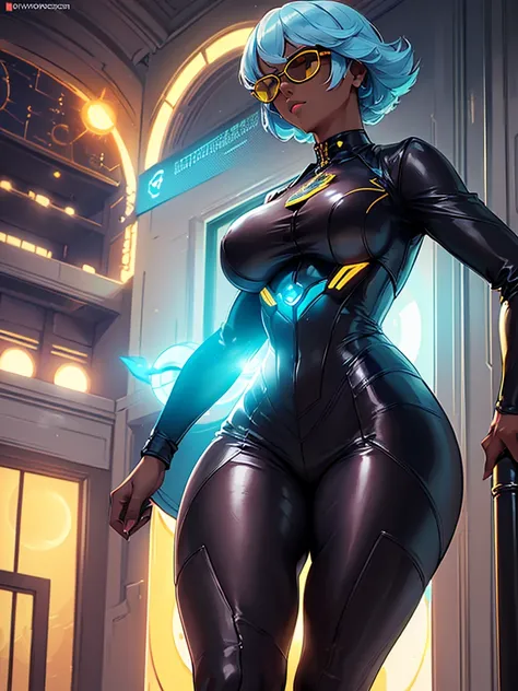 ((Best Quality)), ((Masterpiece)), (Detail: 1.4), Intricate details, Cinematic lighting, Sharp focus, Detailed face, Business woman with medium light blue hair, Yellow eyes, (Futuristic sun glasses:1.4), (Dark skin:1.4), (Black business outfit:1.5), Tall w...