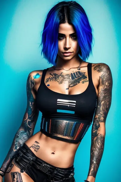 Chica cyberpunk, cybernetic arm, camiseta transparente, falda transparente, pelo azul bob corto, ojos completamente negros, abdomen desnudo, piercing en el ombligo, fondo urbano cyberpunk