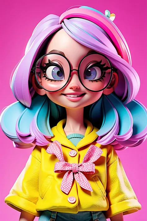 Loli cute girl, cabelo preso, cabelo solto, modern accessories , Eyeglasses, olhos detalhados, sorriso detalhados, detalhes detalhados, Holographic,  fundo claro e simples