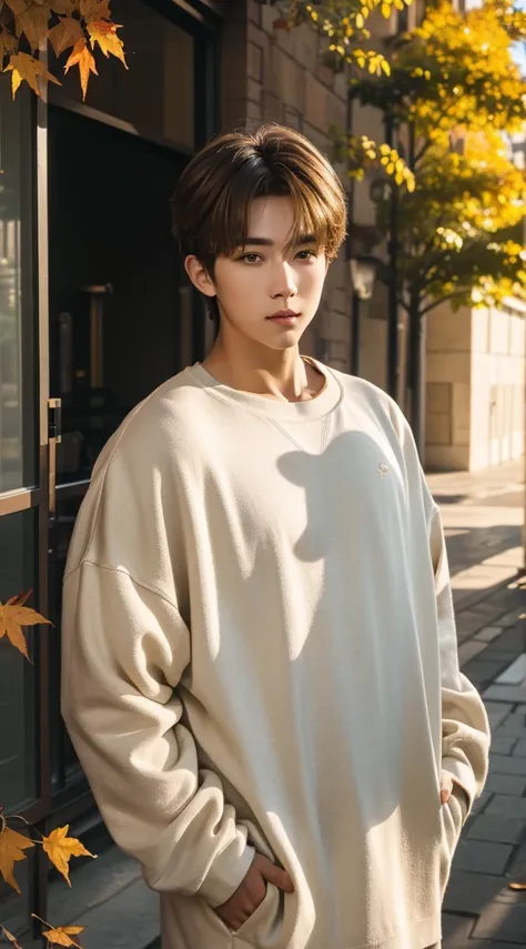 20 year old boy，beautiful boy wearing oversized clothes, short blonde hair, (the upper part of the body:1.2), autumn leaves, out...