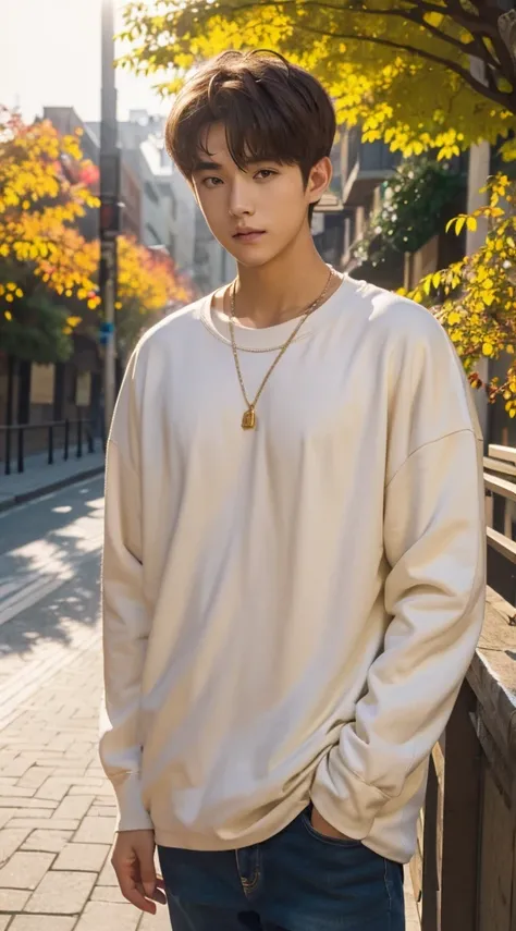 20 year old boy，Beautiful boy wearing oversized clothes, Short blonde hair, (The upper part of the body:1.2), Autumn leaves, Outdoor activities, volumettic light, Cinematic, golden time, natural  lightting, realisticlying, natural  lightting, professional ...