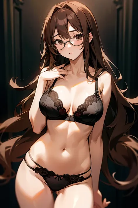 1girl, long hair, brown hair, large chest, black panties, glasses, anime, black bra, lace bra, lace panties