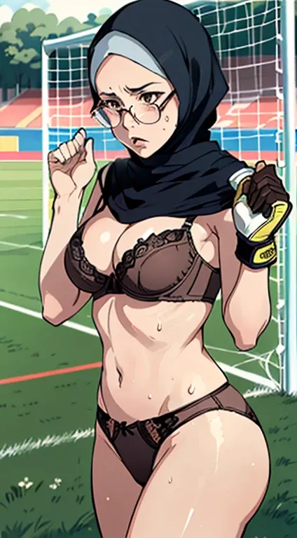 (((1woman))),(((solo woman))), Photo of a mature malay female with saggy breasts, (((keeping the goal))) in the middle of(soccer field), 40yo,busty body, tall body, tanned skin, dimples, light, detailed face, embarrassed face, ((looking disgusted)), ((very...