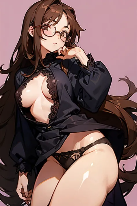 1girl, long hair, brown hair, large chest, black panties, glasses, anime, no bra, lace panties