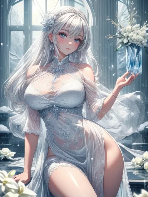 Paradise in Heaven, White lighting,(masutepiece), (Best Quality), (Cinematic), 8K, (art  stations), Li Yue painting style.(長いWhite hairとSilvery eyesを持つ1人の女), (Beautiful delicate face)、[ Particle Lou Full Moon] [Frozen trees々] [landscape crystal] [Lighting]...