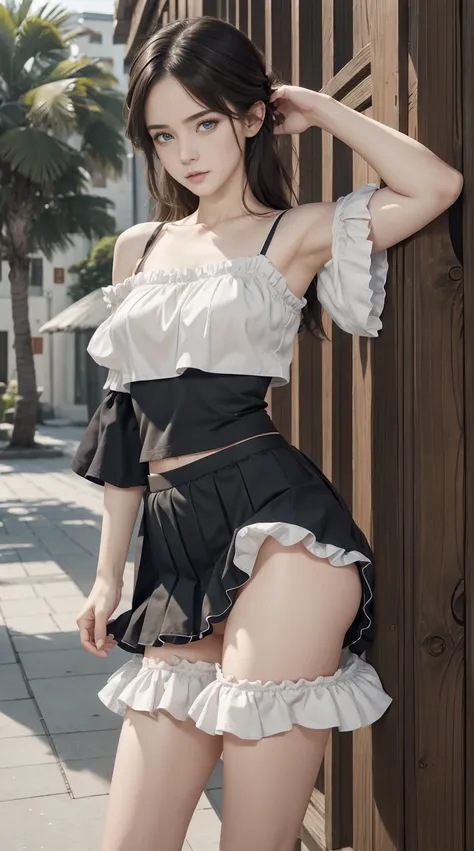 4 year old white female、Hair is brunette、Eye color is blue、Medium hair、Slender but well-proportioned muscular man、She is wearing an off-shoulder top with frilly frills.、She is wearing a low-rise pleated skirt.、Sanda