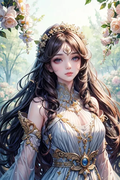 (Best Quality,8K,BAPV),Detailed upper body,Lonely Girl,flower forest background,Complex facial features,elegant long curly hair,almond shaped large eyes,detailed eye makeup,long eyeslashes,glinting stars,Exquisite lip details,Soft and harmonious style.