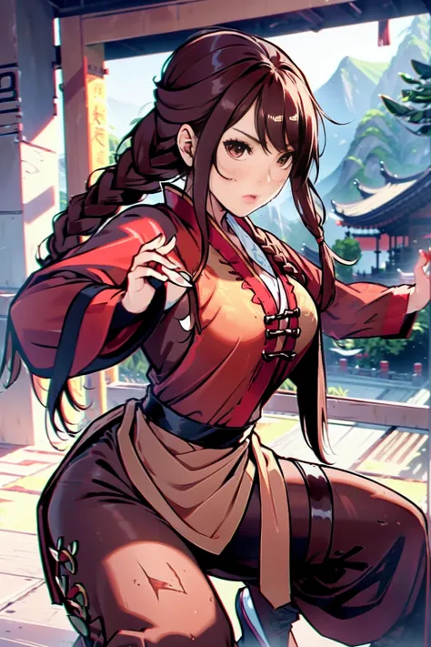 lei kugo live a live, qipao, chinese clothes, traditional clothes, action pose, full body, brown hair, braided hair, scars on fa...