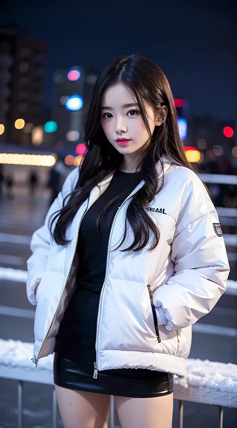 8K、Original photography、Realistic、(high detal、quality:1.2)、Beautiful woman with perfect style、bigger, Exclusive jacket、Light sweater、Snowy Night City