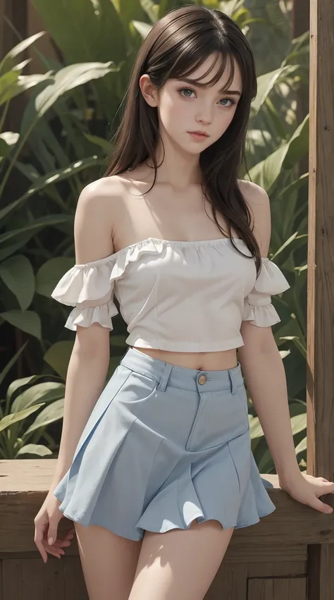 4 year old white female、Hair is brunette、Eye color is blue、Medium hair、Slender but well-proportioned muscular man、She is wearing an off-shoulder top with frilly frills.、She is wearing a low-rise pleated skirt.、Sanda