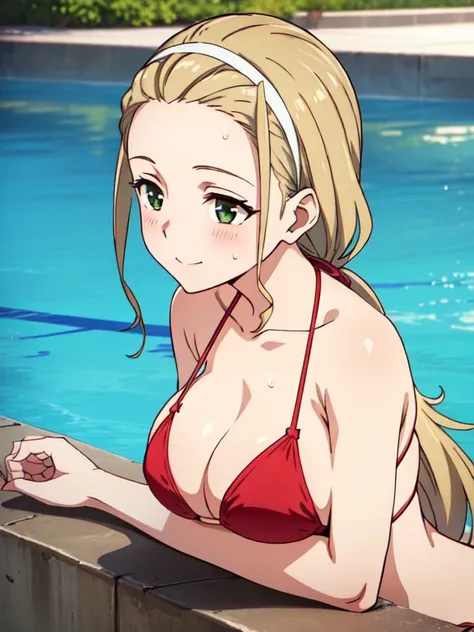 (masterpiece, top-quality, detaile, hight resolution, extremely delicate and beautiful, anime screen cap, anime colours, 8k, photorealistic), (red Micro Bikini:1.5), (huge drooping breasts:1.5, cleavage:1.5), akebi sasaki, hairband, 1girl, (15 years old), ...