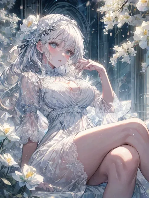 Paradise in Heaven, white light naste piece), (Best Quality), (Cinematic), 8K, (art  stations), Li Yue&#39;s style of painting.(長いWhite hairとSilvery eyesを持つ1人の女), (Beautiful delicate face)、[ particle roux full moon] [Frozen trees々] [landscape crystal] [Lig...