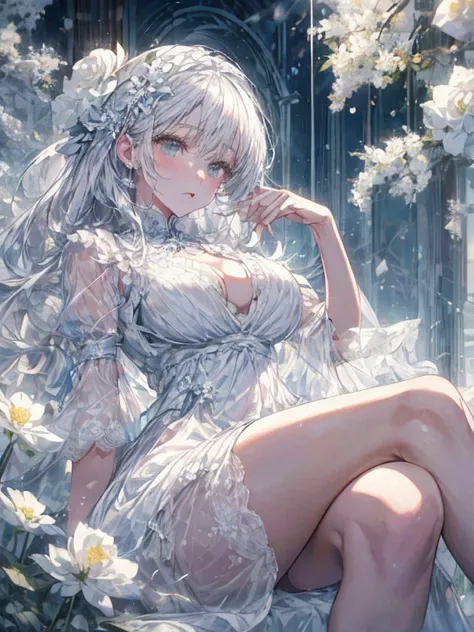 Paradise in Heaven, white light naste piece), (Best Quality), (Cinematic), 8K, (art  stations), Li Yue&#39;s style of painting.(長いWhite hairとSilvery eyesを持つ1人の女), (Beautiful delicate face)、[ particle roux full moon] [Frozen trees々] [landscape crystal] [Lig...