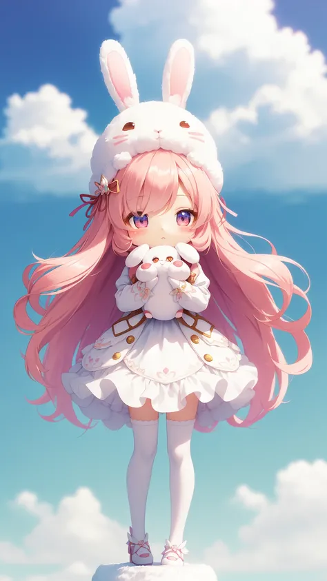 Bunny Morphing Girl, Fluffy, Soft ((Best Quality)), ((masutepiece)), ( Extreme Detail, Supreme Detail, Official art, Beauty and aesthetics: 1.2), depth of fields, Composition, Full body, (Chibi), (Beautiful and detailed eyes: 1.3), (Excellent:1), colorful ...