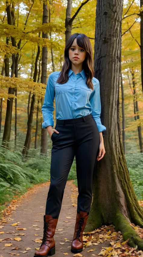 Masterpiece, stunning realistic, photorealistic, best quality, 16k,jenna ortega,sexy body,stehend in einem wald im herbst,very tight shirt,cargopants,boots,straight hair,full body,