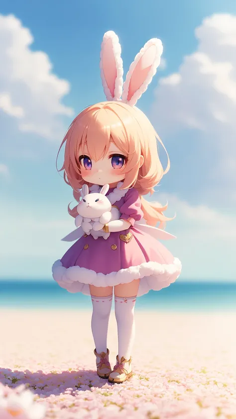 Bunny Morphing Girl, Fluffy, Soft ((Best Quality)), ((masutepiece)), ( Extreme Detail, Supreme Detail, Official art, Beauty and aesthetics: 1.2), depth of fields, Composition, Full body, (Chibi), (Beautiful and detailed eyes: 1.3), (Excellent:1), colorful ...