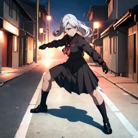 sukeban, illyasviel_von_einzbern, mature_female, silver hair, holding yoyo, combat pose, full body, flowing hair, hair between the eyes, asymmetrical hair, red eyes, delicate facial features, sukeban deka clothe, black japanese school uniform, looking_at_v...