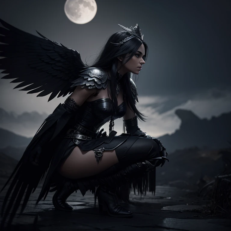 Epic Crowned Valkyrie raven wings black hair beautiful moon in background kneeling dangerous