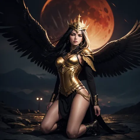 Gold Crown, Valkyrie, raven wings, black hair, beautiful, dangerous, red moon in background, kneeling, sexy