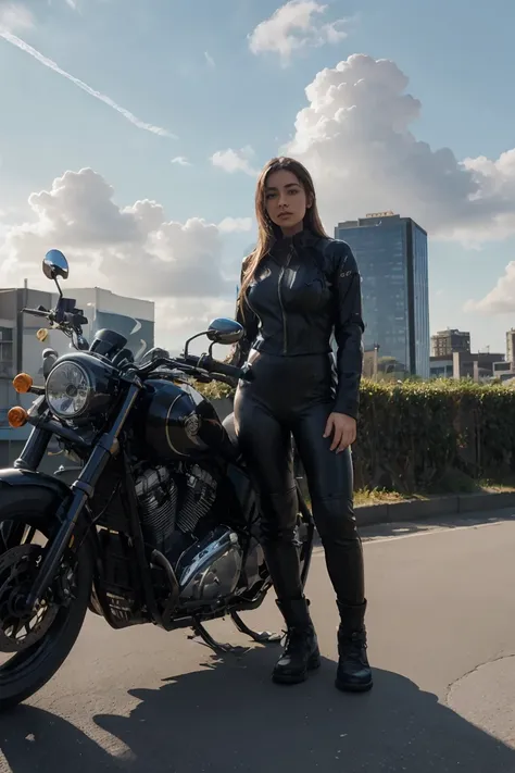 full body, whole body, head to toe, 1 female biker, wearing a full leather biker suit, morning, sunshine, background of outskirt city, blue cloud,