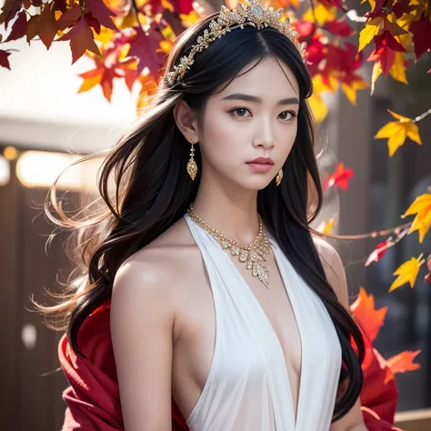 32K autumn views（tmasterpiece，k hd，hyper HD，32K）Long flowing black hair，ponds，zydink， a color， Autumn （ nipple）， （Blue and white silk scarf）， Combat posture， looking at the ground， long whitr hair， Floating hair， Carp pattern headdress， naked body，small br...