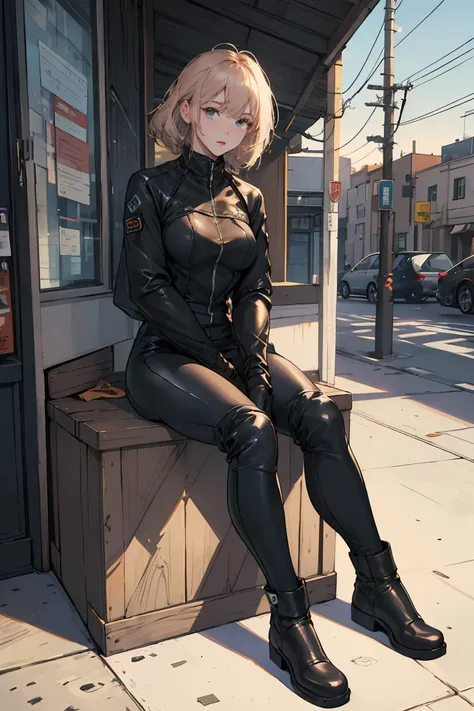 full body, whole body, head to toe, 1 female biker sitting on the bike, wearing a full leather biker suit, morning, sunshine, background of a cafe bike at outskirt city, blue cloud,