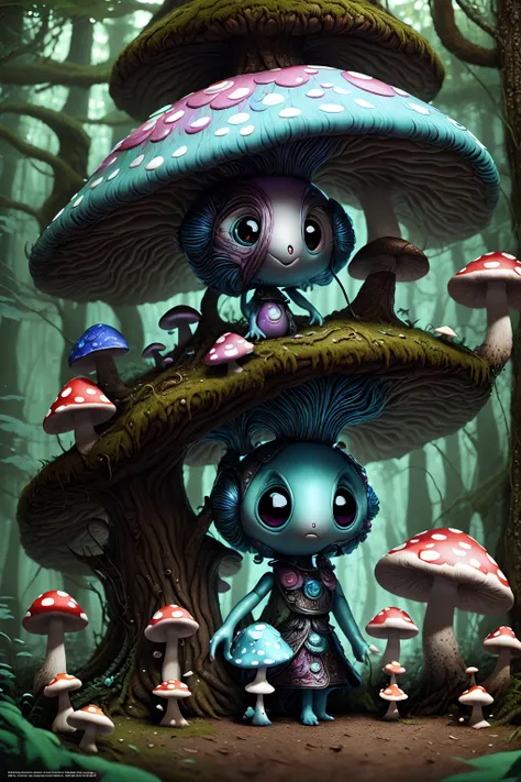 there is a small alien doll with a blue hair and a mushroom hat, cute forest creature, beeple and jeremiah ketner, adorable digital painting, hyperdetailed fantasy character, zbrush contest winner, cartoon creature, a hyper-detailed alien, zbrush central c...