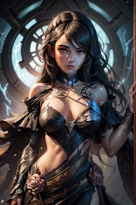 an  goddess with black hair and lightning around her, corpo inteiro, nice perfect face with soft skinice perfect face, retrato de arte conceitual por Greg Rutkowski, Artgerm, Hyper-detailed and intricately detailed Gothic art in ArtStations triadic colors,...