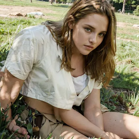 female supermodel sits on the grass. Brown coat, white T-shirt