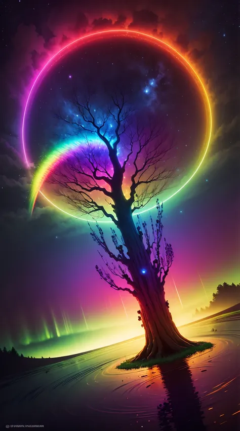 a rainbow colored tree in the middle of a circle with a bright light, colorful aura, cosmic tree of life, cosmic tree, ethereal rainbows, mystical colors, beautiful spectrum of vibrancy, rainbow aurora, magical tree, cosmic and colorful, magical colors and...