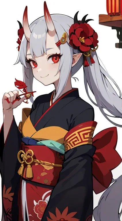 oni woman、oni horns、Gray long hair、Red eyes、Yandere smile、open kimono、Flower kanzashi、sword slash、