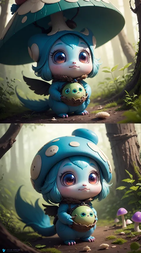 there is a small alien doll with a blue hair and a mushroom hat, cute forest creature, beeple and jeremiah ketner, adorable digital painting, hyperdetailed fantasy character, zbrush contest winner, cartoon creature, a hyper-detailed alien, zbrush central c...