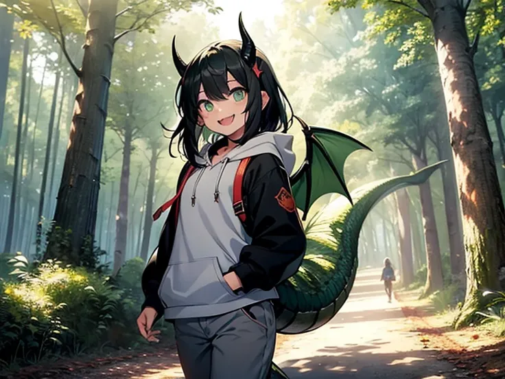 Best quality, Masterpiece, 1girl, horns, tail, dragon wings, green eyes, black hair, cute, natural laugh, fangs, cute little dragon, wear grey hoodie with farmer pants, perfect, coordinated body structure, smile, sunny day, in the forest, walking