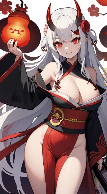 oni woman、oni horns、Gray long hair、Red eyes、Yandere smile、Kimono with shoulders、large full breasts、big butts、Flower kanzashi、sword slash、