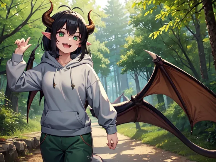 Best quality, Masterpiece, 1girl, horns, tail, dragon wings, green eyes, black hair, cute, natural laugh, fangs, cute little dragon, wear grey hoodie with farmer pants, perfect, coordinated body structure, smile, sunny day, in the forest, walking