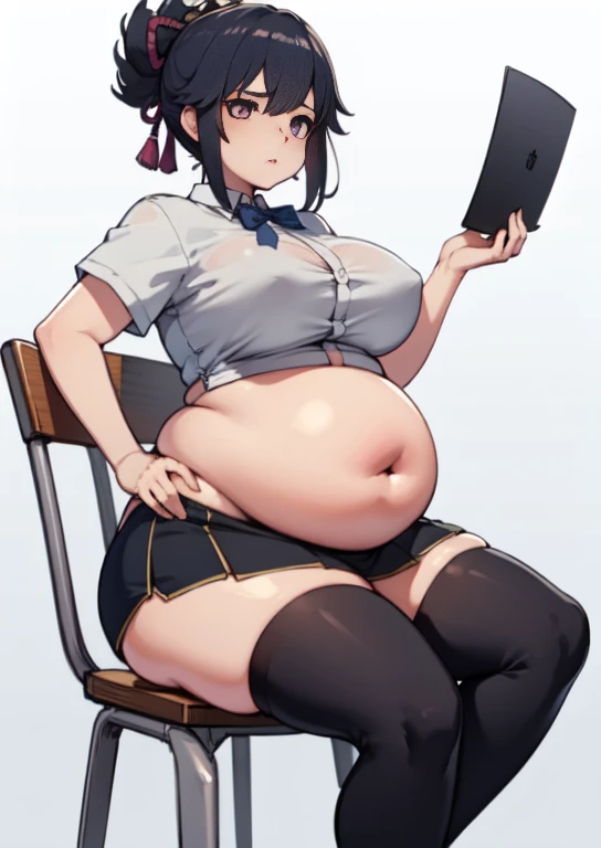 (masterpiece, best quality), 1girls, big belly, blurry background, huge belly, art by kipteitei, round belly, chubby, curvy, white button-up shirt, skirt, thighhighs, simple_background, gradient_background, belly bursting out of shirt, belly grab, enormous...