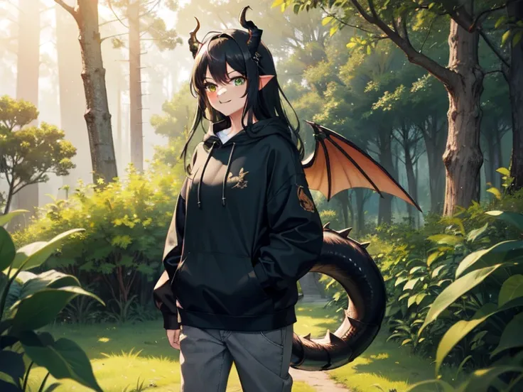 Best quality, Masterpiece, 1girl, 20 years old, horns, tail, dragon wings, green eyes, Black long hair, cute little dragon, wear Grey hoodie with Farmer pants, perfect smile, sunny day, in the forest, walking