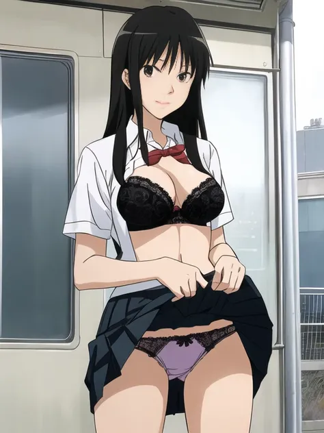 Best Quality, masutepiece, 超A high resolution, (Photorealistic: )2D official style cel animation、[Ayatsuji　manage　amagami]　in school uniform、a miniskirt、Lace Bra、Skirt combing、Lace panties,teats,tits out、Black hair straight、white line on skirt、In front of ...