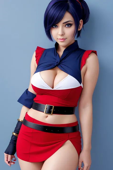 25 year old woman with short undercut indigo hair dressed in a skimpy santa outfit with miniskirt, cleavage, belt. Blue eyes with eye liner. Neutral background