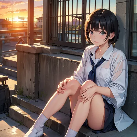 ​masterpiece、(8K, Raw photo, Best Quality),(Realistic, Photorealsitic:1.5)、1 cute girl、Japanese、Very short hair、(sunset glow:1.2)、(Sit up:1.0)、(A slight smil:0.7)、(Reinforced concrete school stairs:1.0)、(knees up:1.25)、(makeup:0.1)